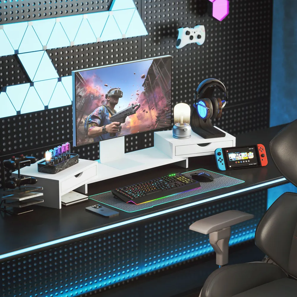 Adjustable Dual Monitor Stand Riser with Storage - White