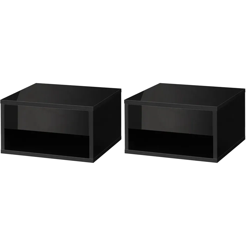 Bedside Table Set of 2 with Wall Mount - Black, High Gloss