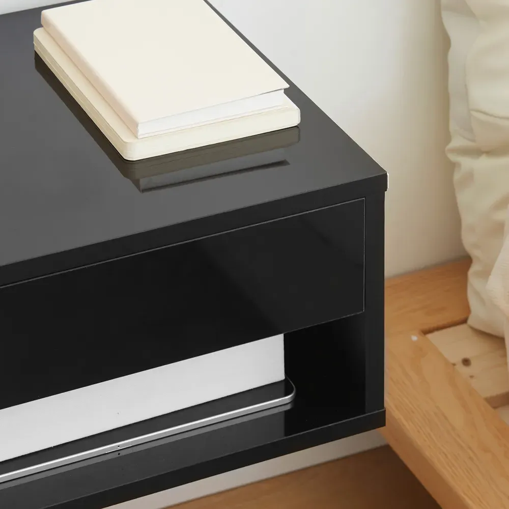 Bedside Table Set of 2 with Wall Mount - Black, High Gloss