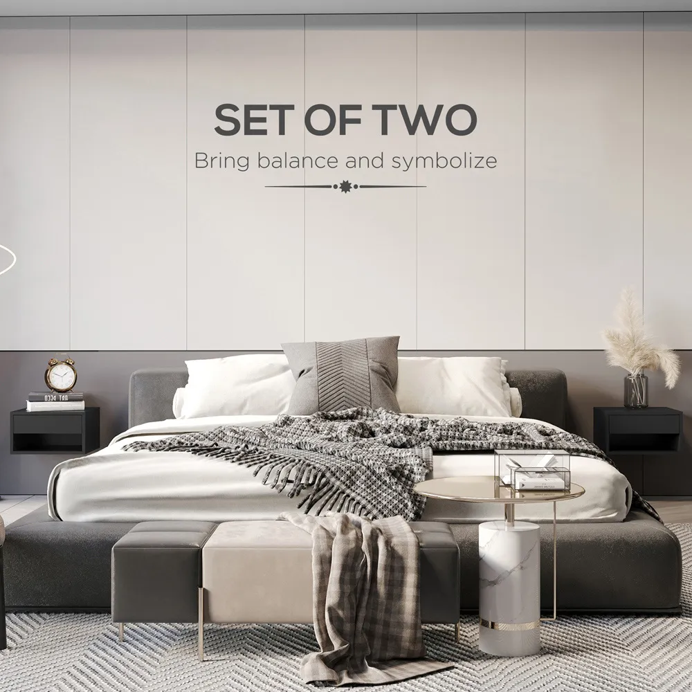 Bedside Table Set of 2 with Wall Mount - Black, High Gloss