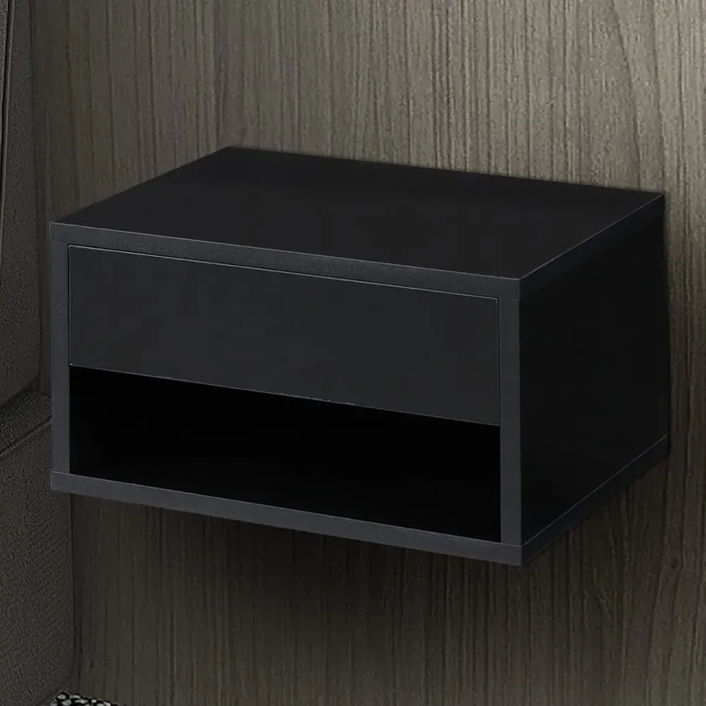 Bedside Table Set of 2 with Wall Mount - Black, High Gloss