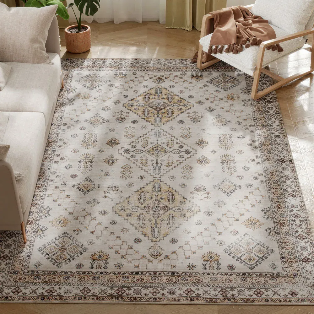 Beige Flannel Non Slip Rug - Yellow, Flannel