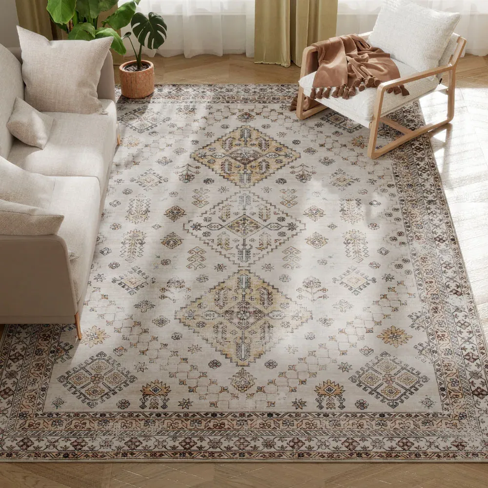 Beige Flannel Non Slip Rug - Yellow, Flannel