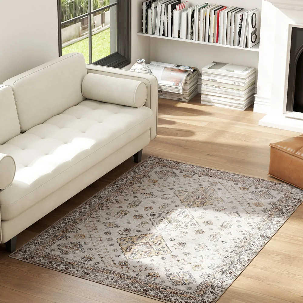 Beige Floral Non Slip Rug - Yellow, Flannel