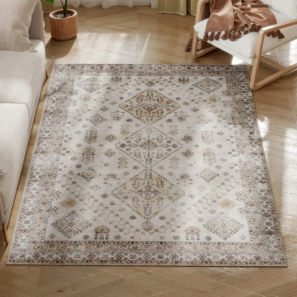 Beige Floral Non Slip Rug - Yellow, Flannel