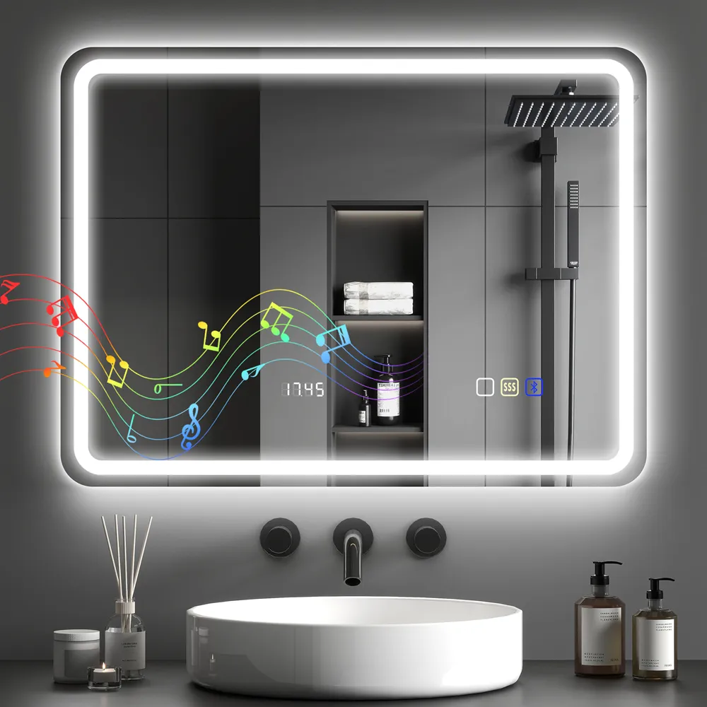 Bluetooth Clock LED Bathroom Mirror with Demister - Silver