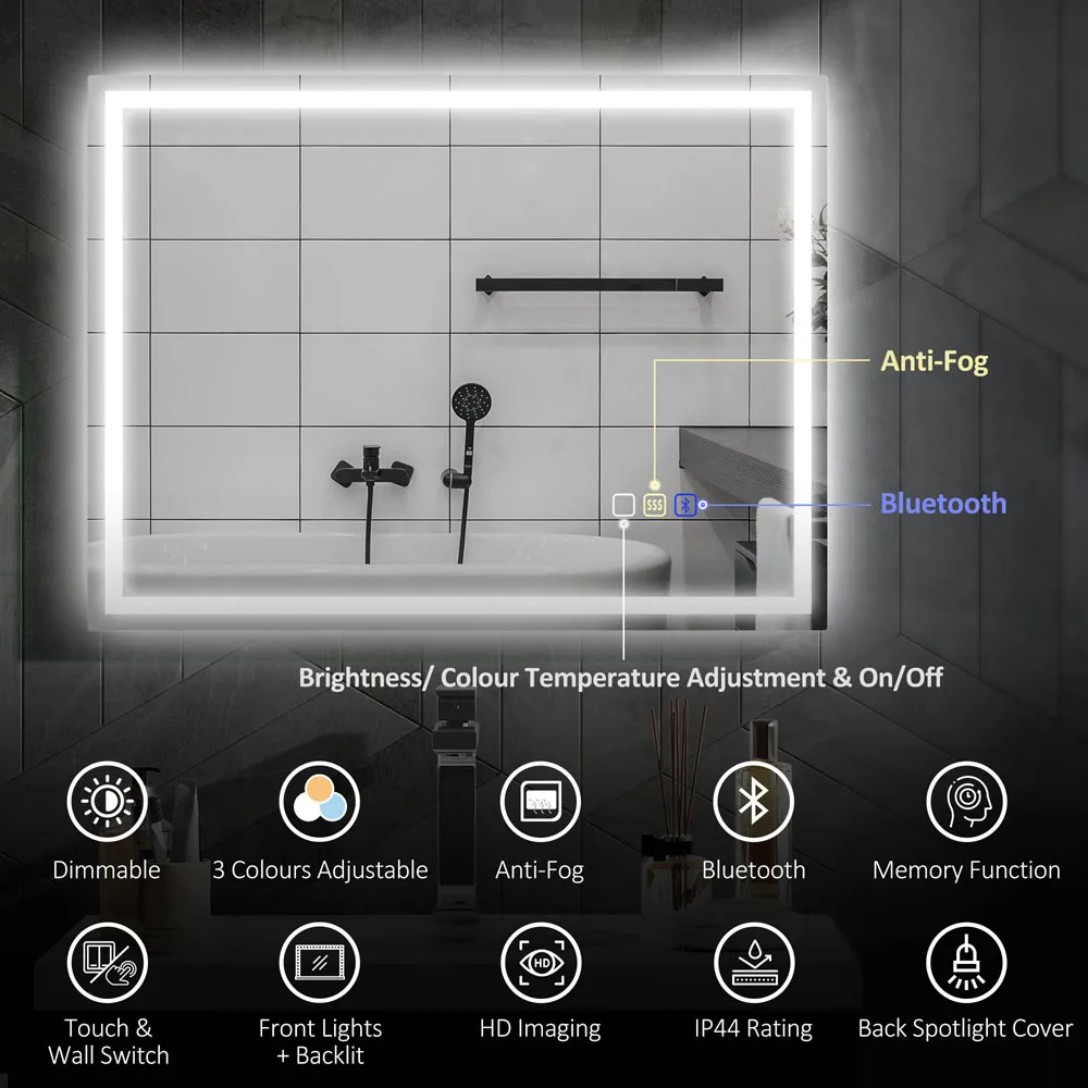 Bluetooth Frameless LED Bathroom Mirror with Demister - Silver