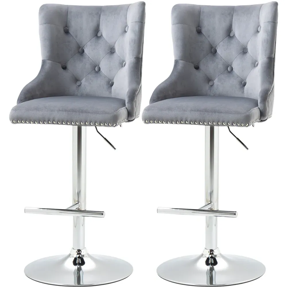 Button Tufted Adjustable Swivel Bar Chair with Footrest Set of 2 - Grey