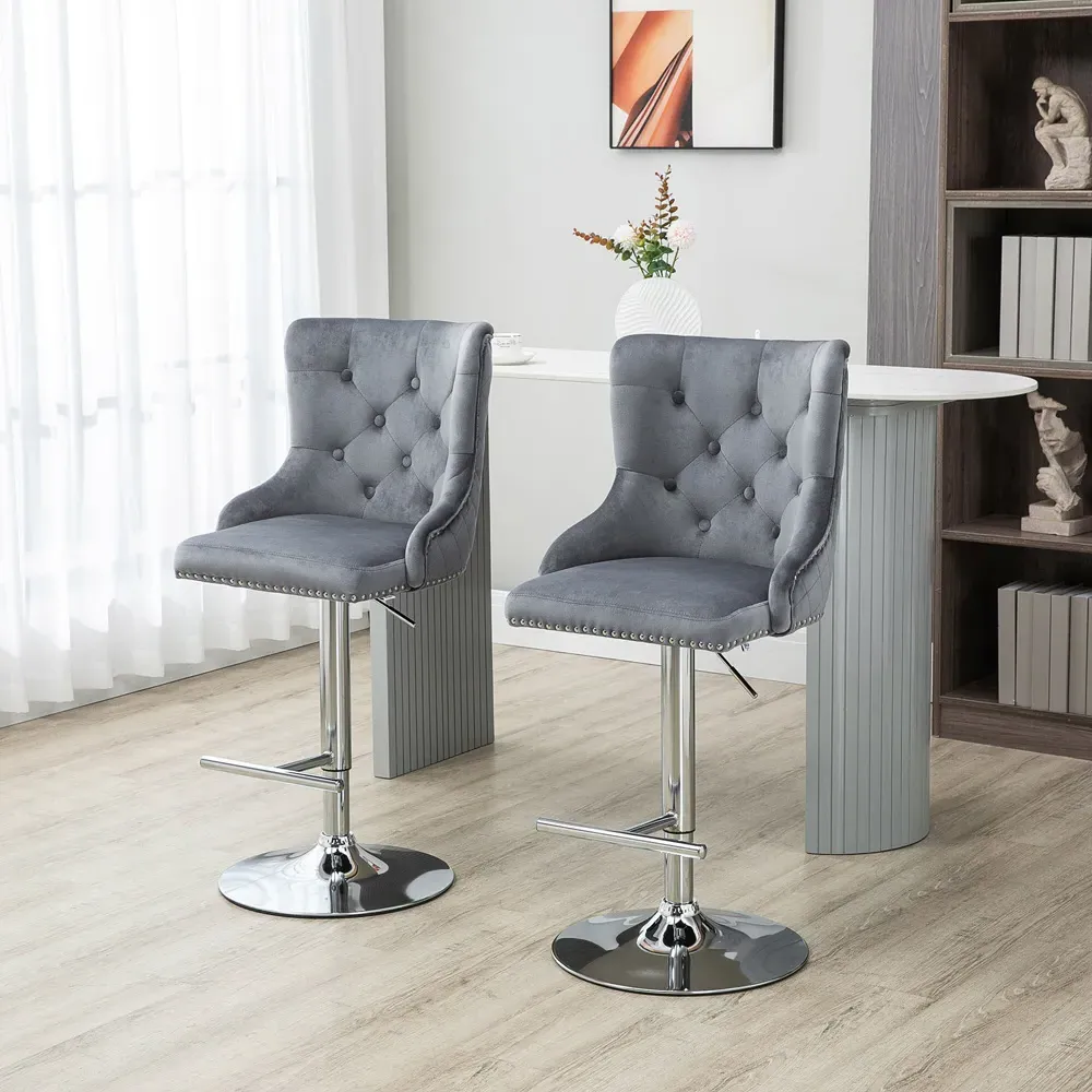 Button Tufted Adjustable Swivel Bar Chair with Footrest Set of 2 - Grey