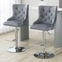Button Tufted Adjustable Swivel Bar Chair with Footrest Set of 2 - Grey