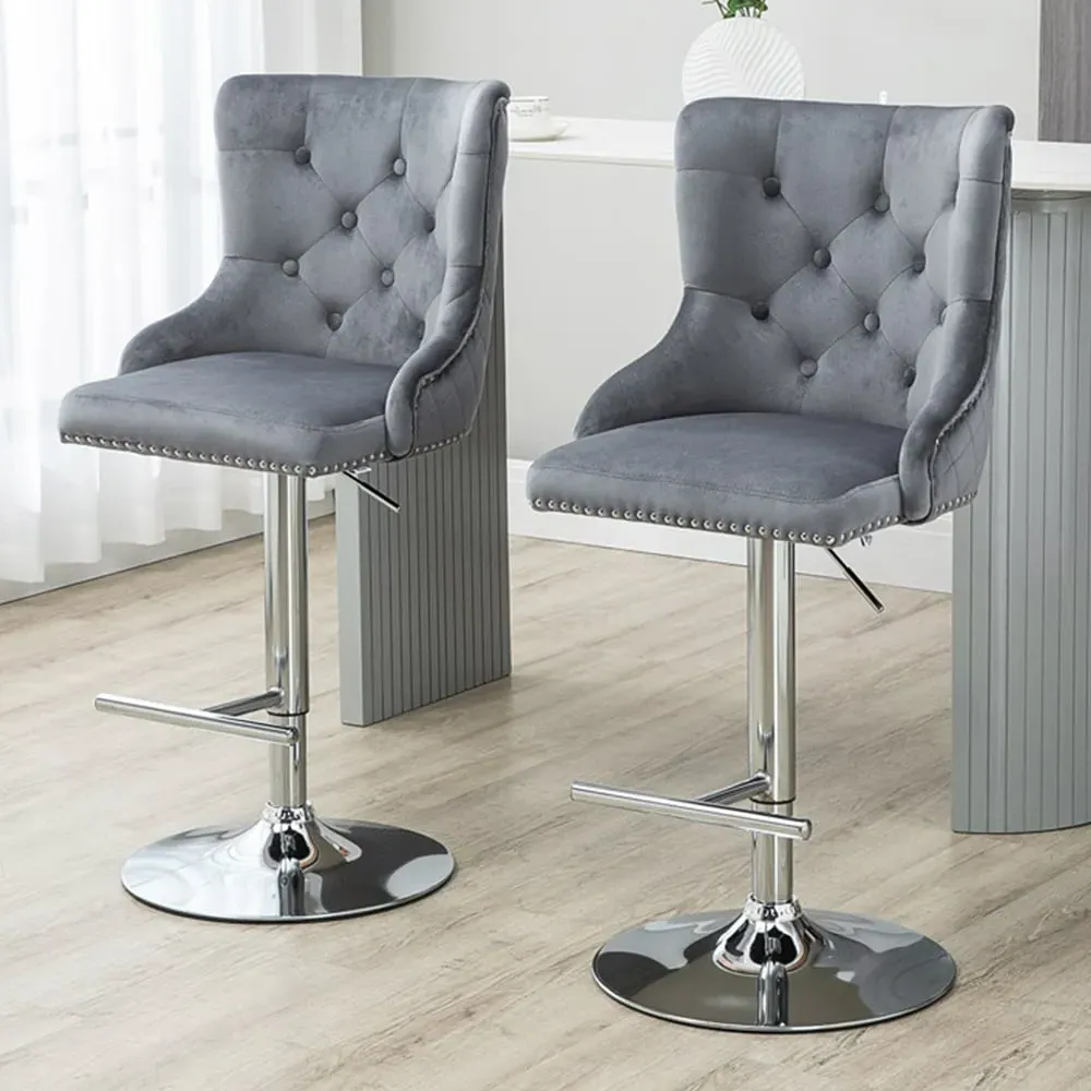 Button Tufted Adjustable Swivel Bar Chair with Footrest Set of 2 - Grey