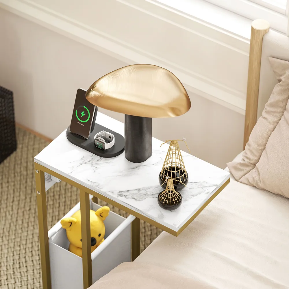 C-Shape Side Table with Charging Station - White, Faux Marble
