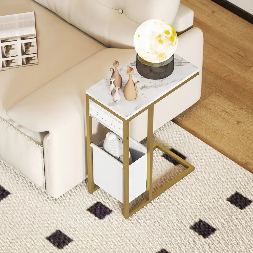 C-Shape Side Table with Charging Station - White, Faux Marble