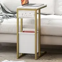 C-Shape Side Table with Charging Station - White, Faux Marble