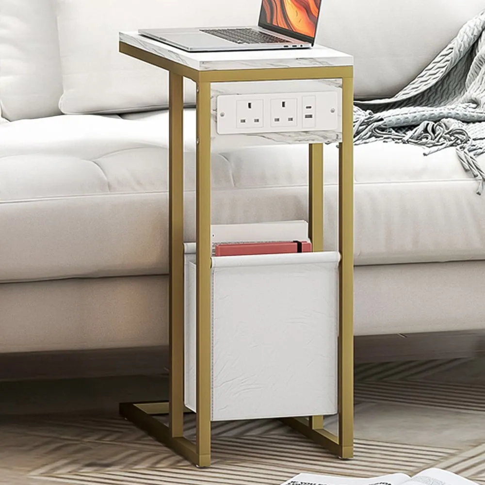 C-Shape Side Table with Charging Station - White, Faux Marble image