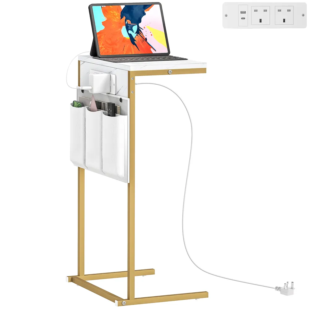 C Shaped Bedside Table with Charging Station - White