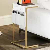 C Shaped Bedside Table with Charging Station - White