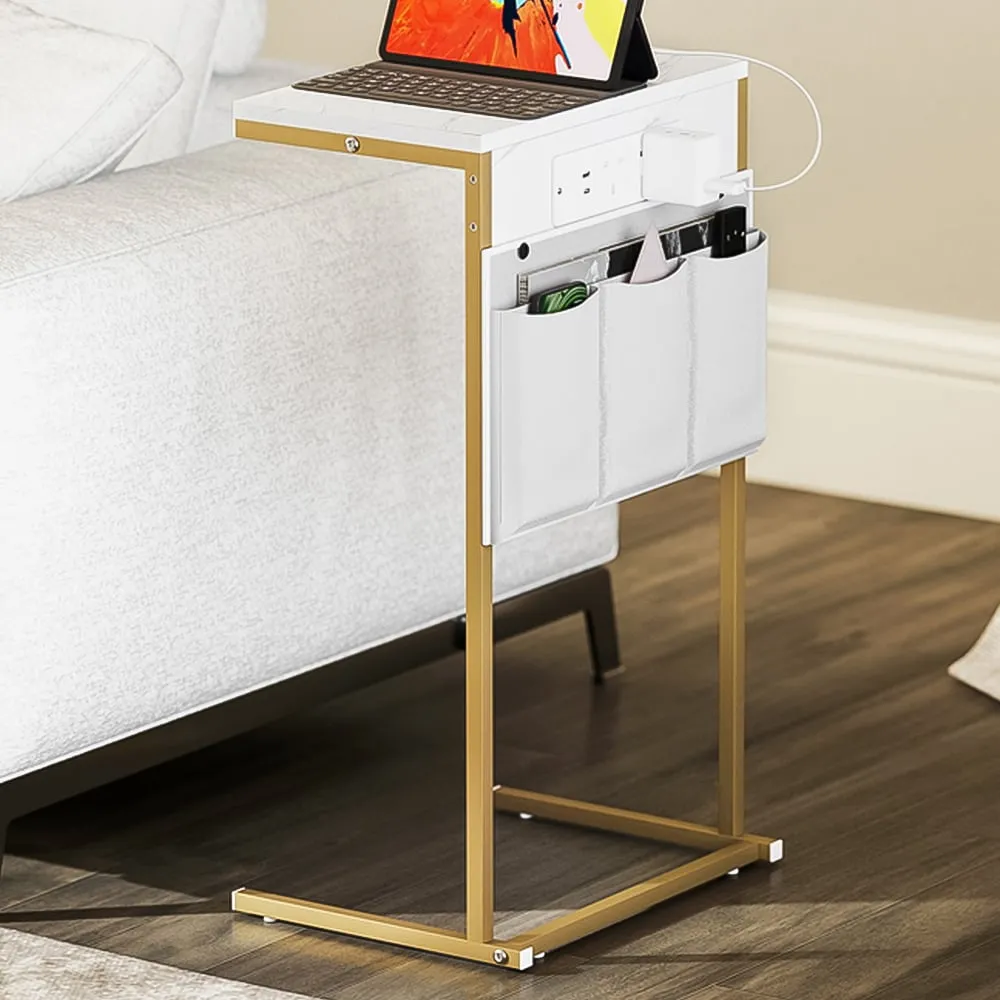 C Shaped Bedside Table with Charging Station - White image