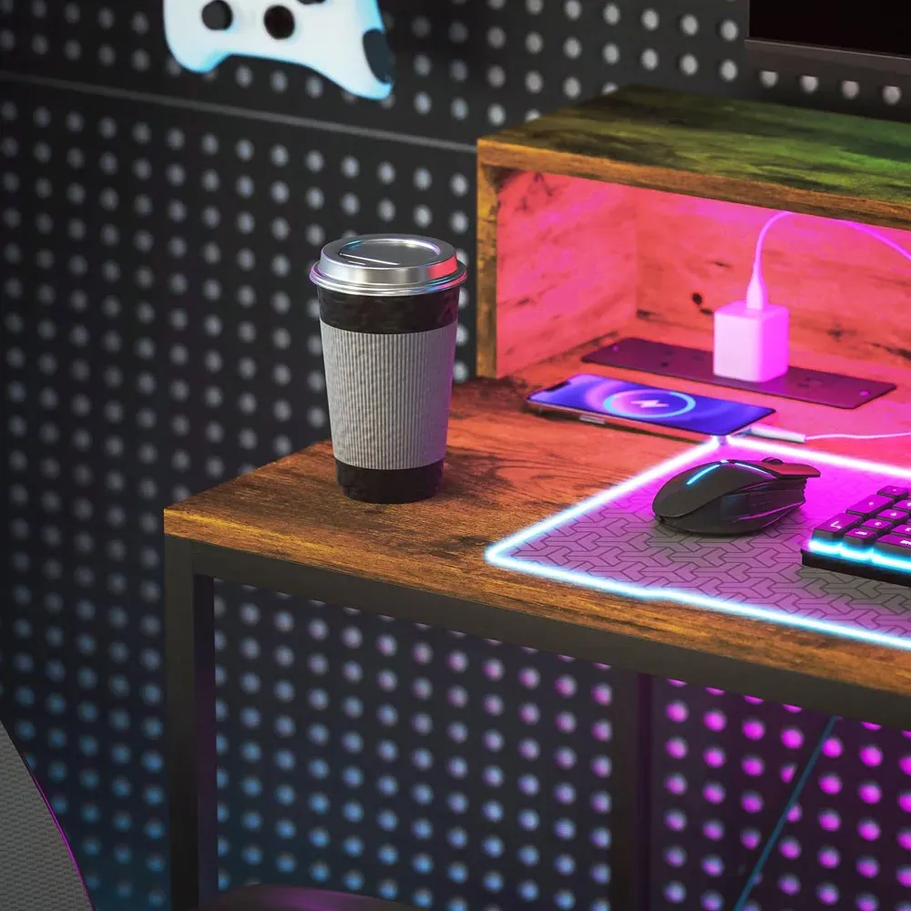 Computer Desk with LED Lights and Shelf - Brown