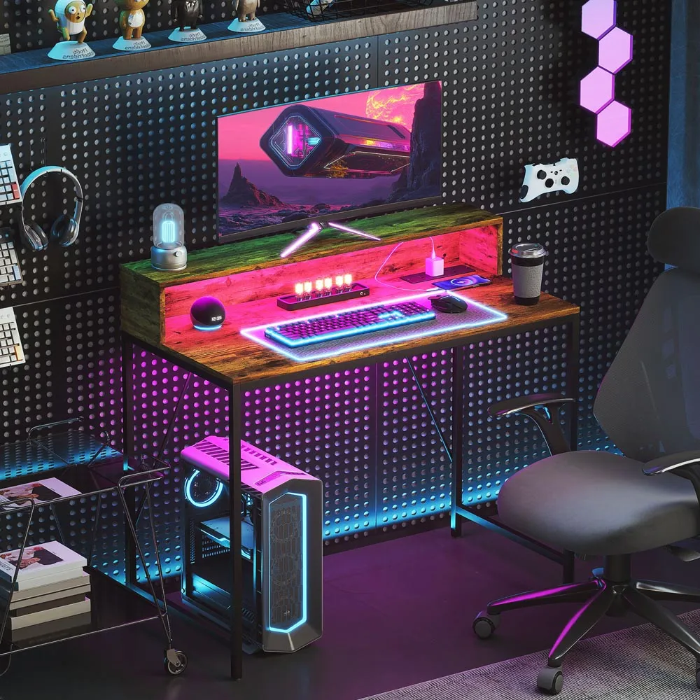 Computer Desk with LED Lights and Shelf - Brown