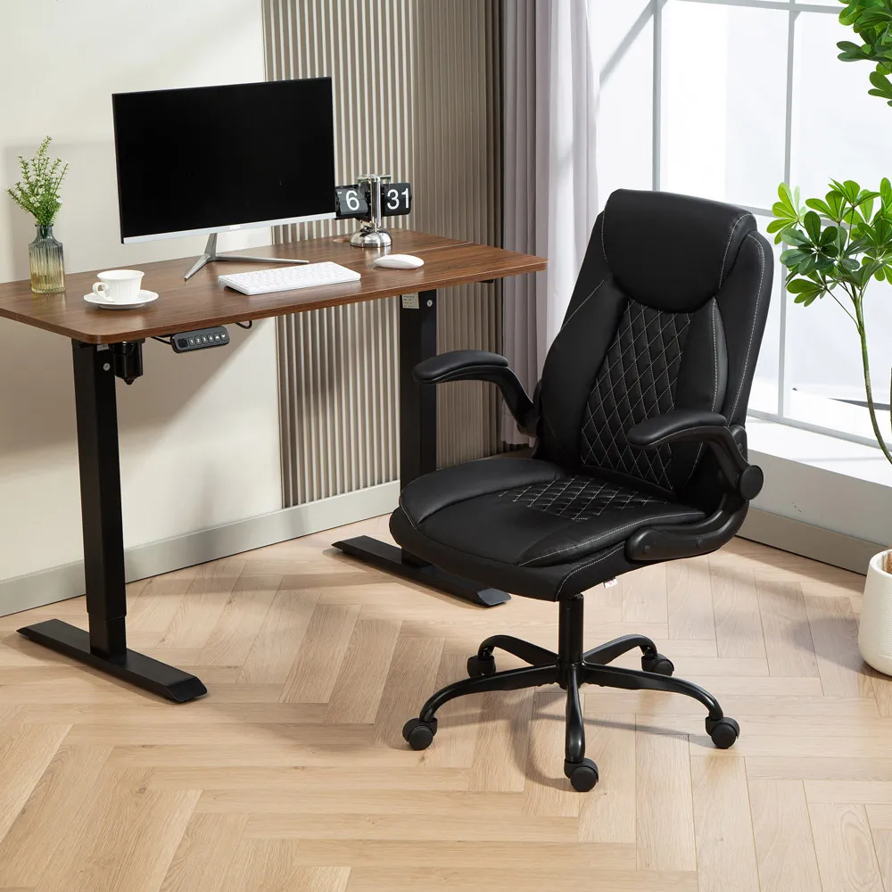 Desk Chair with Flip-Up Armrests - Black, PU Leather