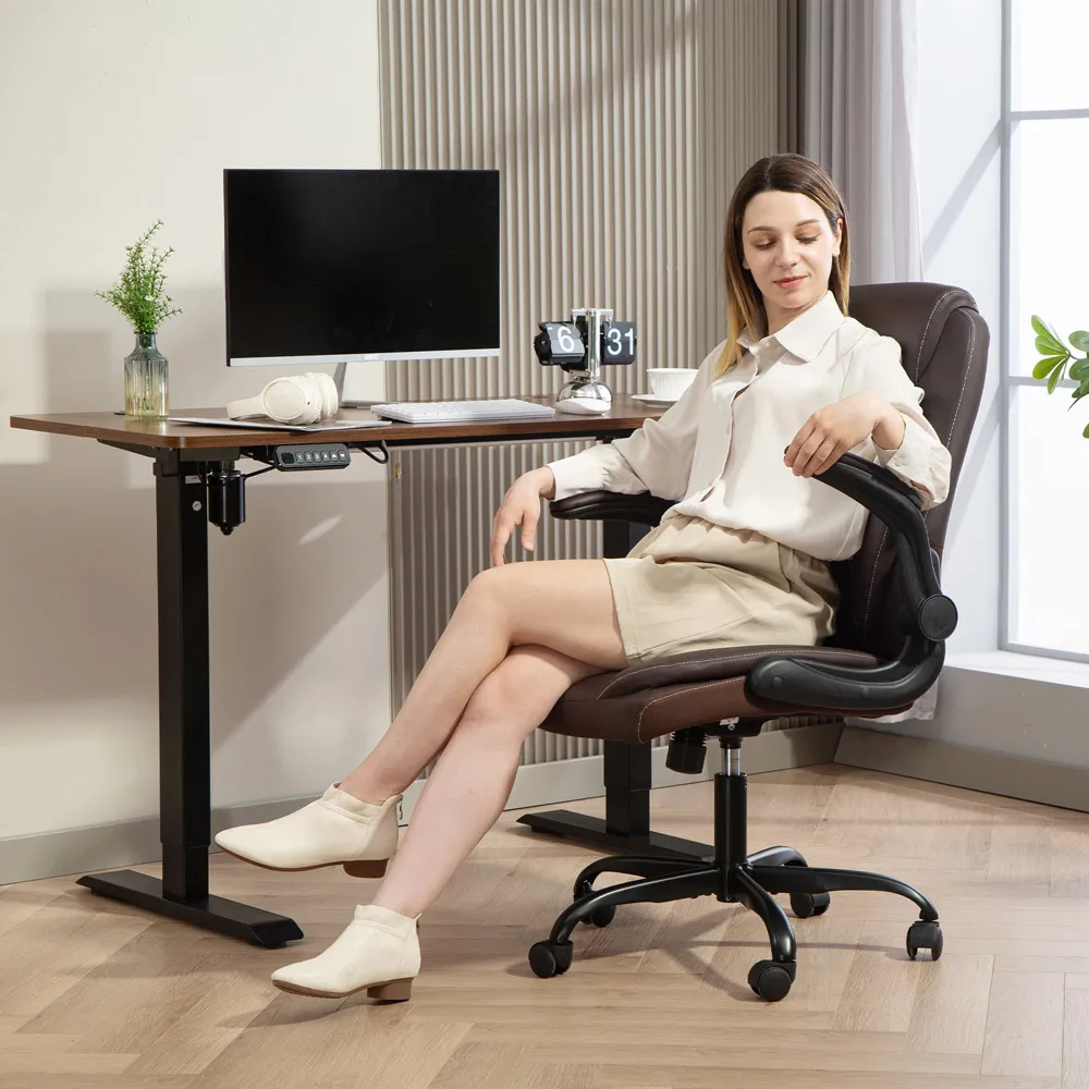 Desk Chair with Flip-Up Armrests - Brown, PU Leather