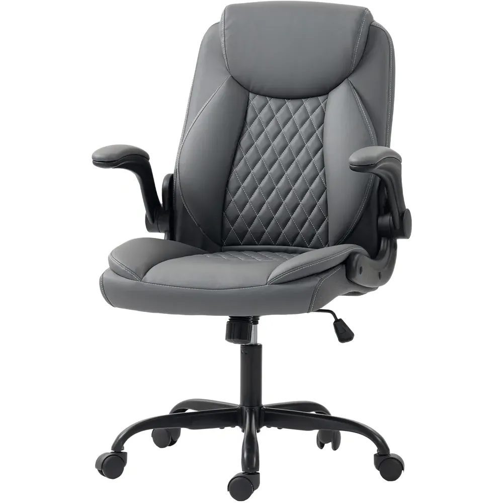 Desk Chair with Flip-Up Armrests - Grey, PU Leather