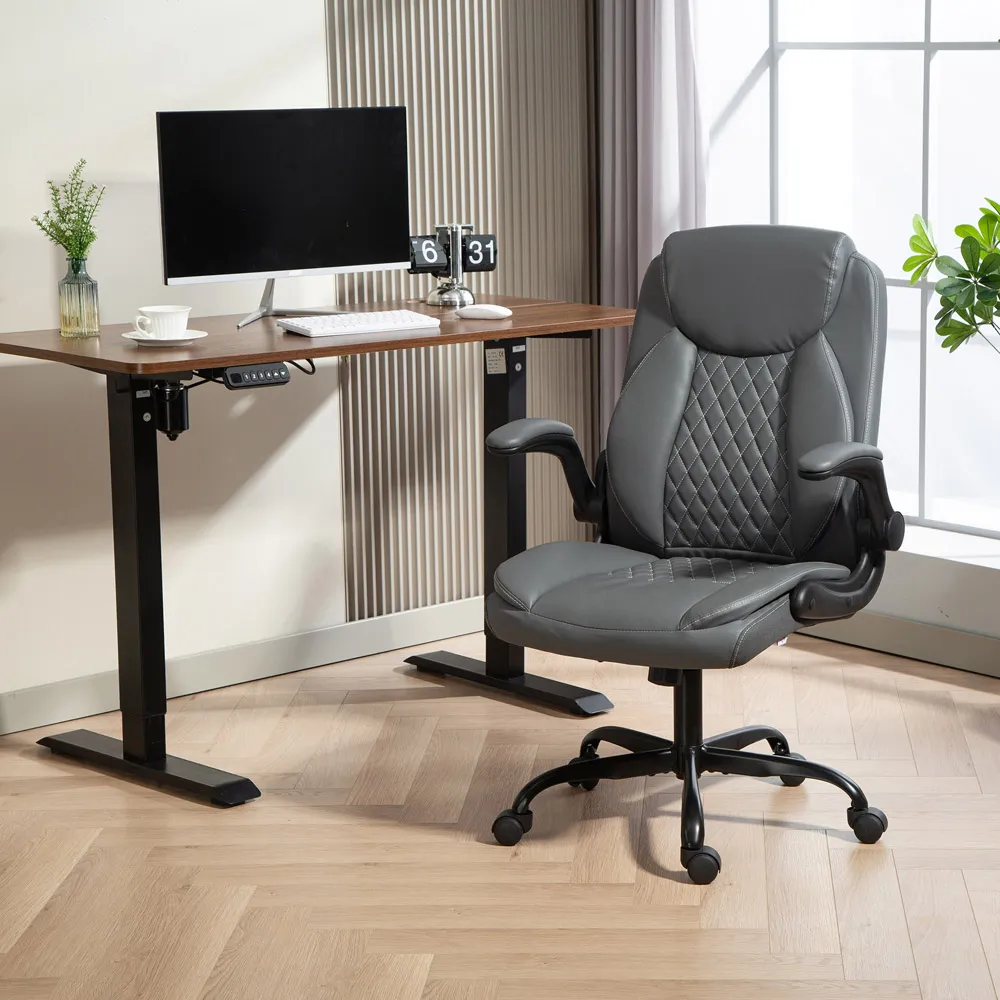 Desk Chair with Flip-Up Armrests - Grey, PU Leather