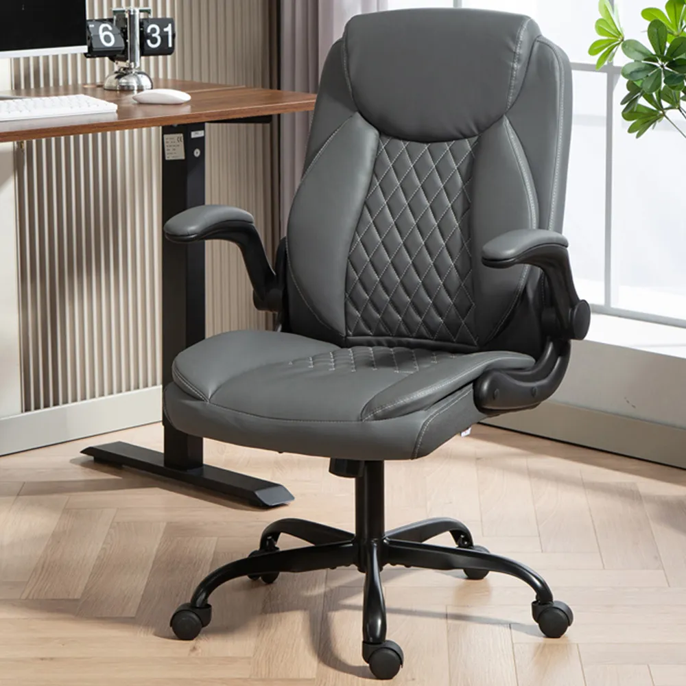 Desk Chair with Flip-Up Armrests - Grey, PU Leather image