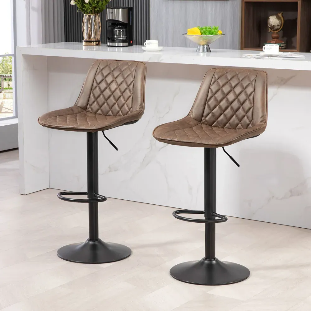 Diamond Tufted Adjustable Swivel Bar Chair Set of 2 - Brown, Faux Leather
