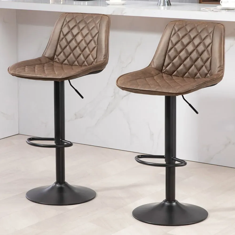 Diamond Tufted Adjustable Swivel Bar Chair Set of 2 - Brown, Faux Leather