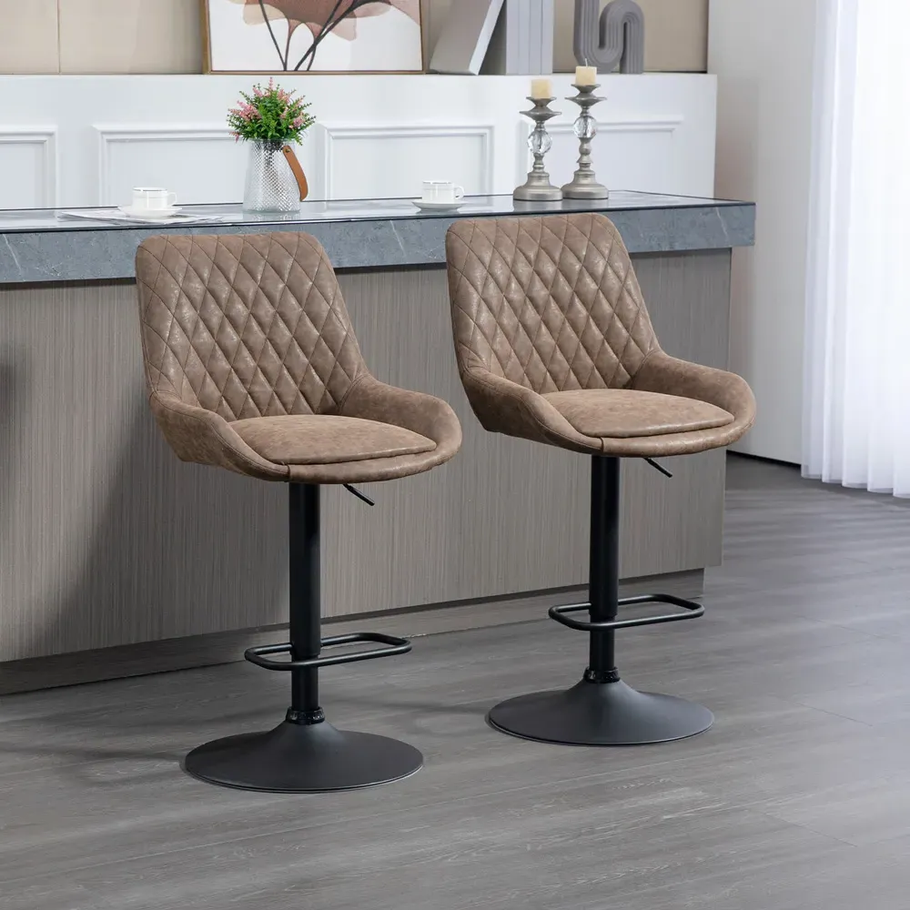 Diamond Tufted Adjustable Swivel Bar Chair Set of 2 - Coffee, Faux Leather