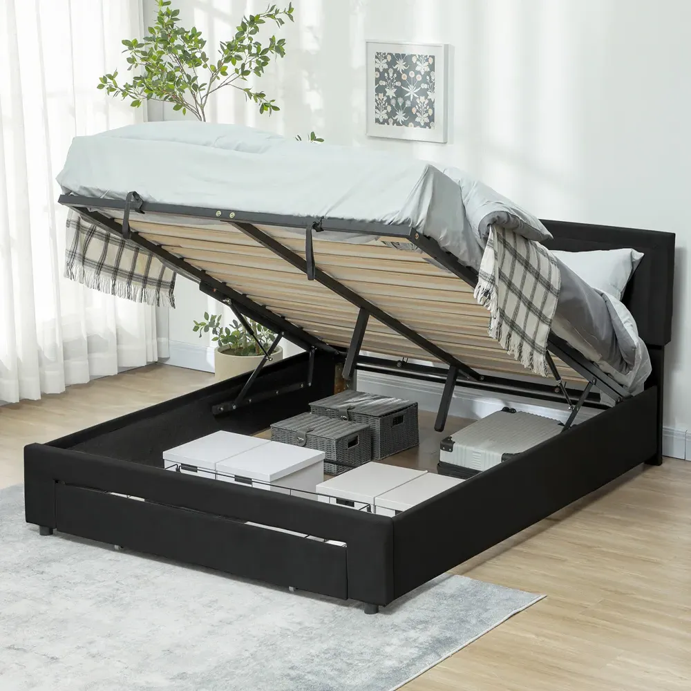 Double Ottoman Bed with Adjustable Headboard - Black, Velvet