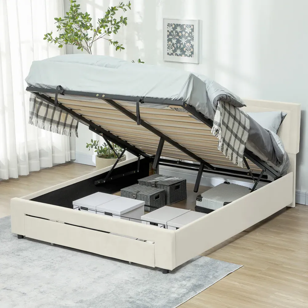 Double Ottoman Bed with Adjustable Headboard - Cream, Velvet