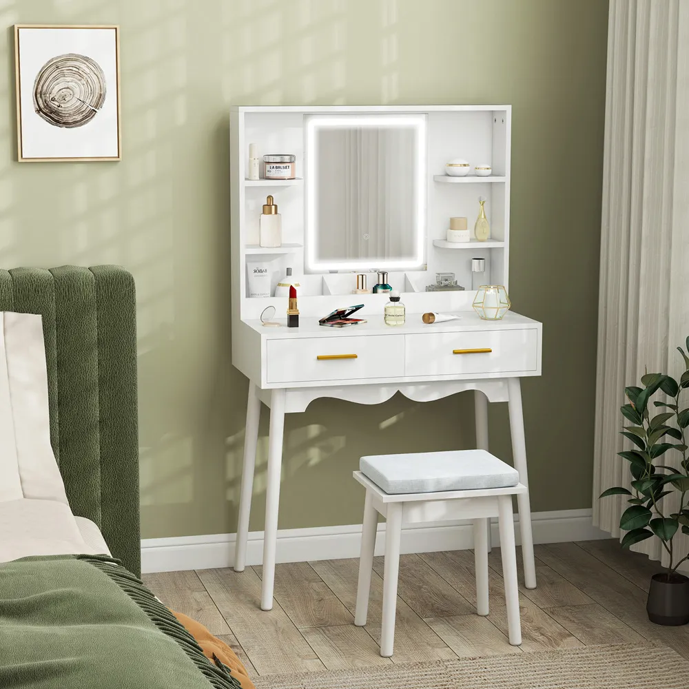 Dressing Table with LED Mirror and Cushioned Stool - White