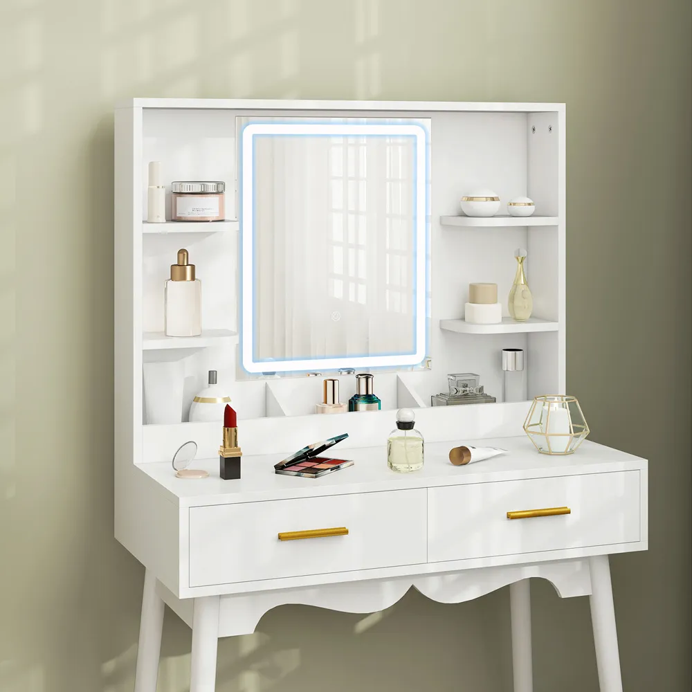 Dressing Table with LED Mirror and Cushioned Stool - White