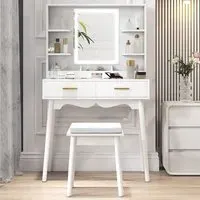 Dressing Table with LED Mirror and Cushioned Stool - White