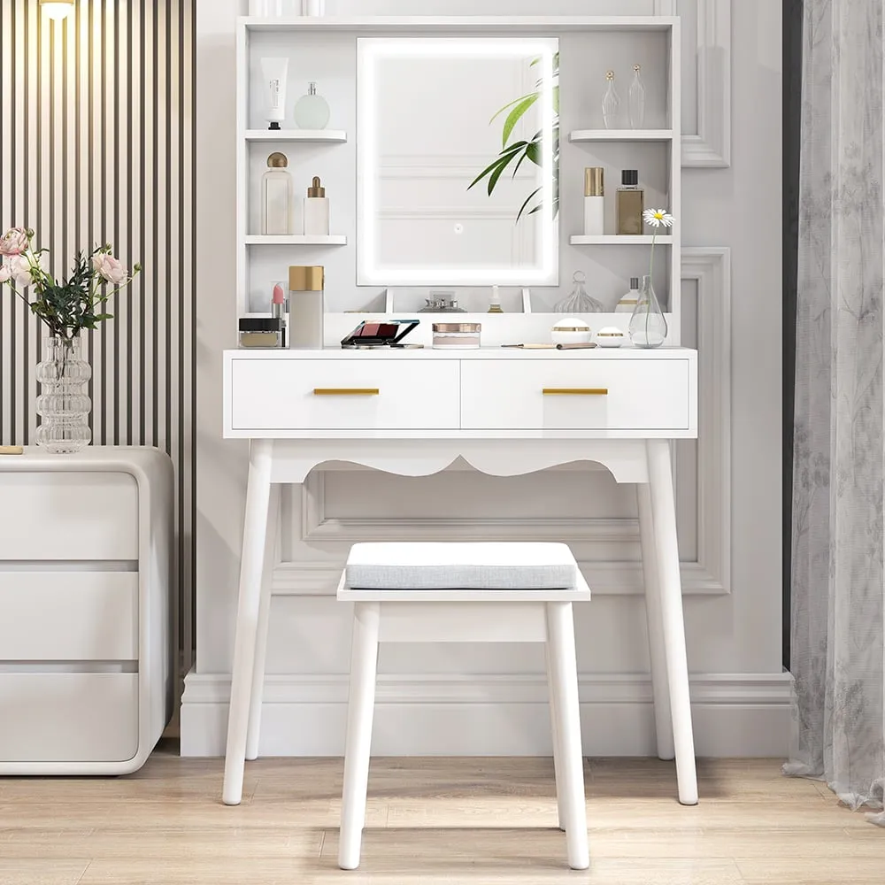 Dressing Table with LED Mirror and Cushioned Stool - White