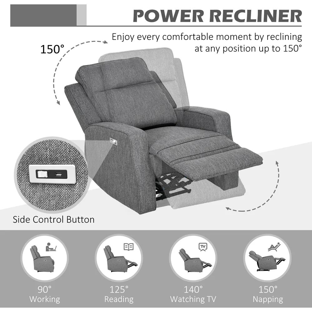 Electric Recliner Armchair with USB Port - Charcoal Grey