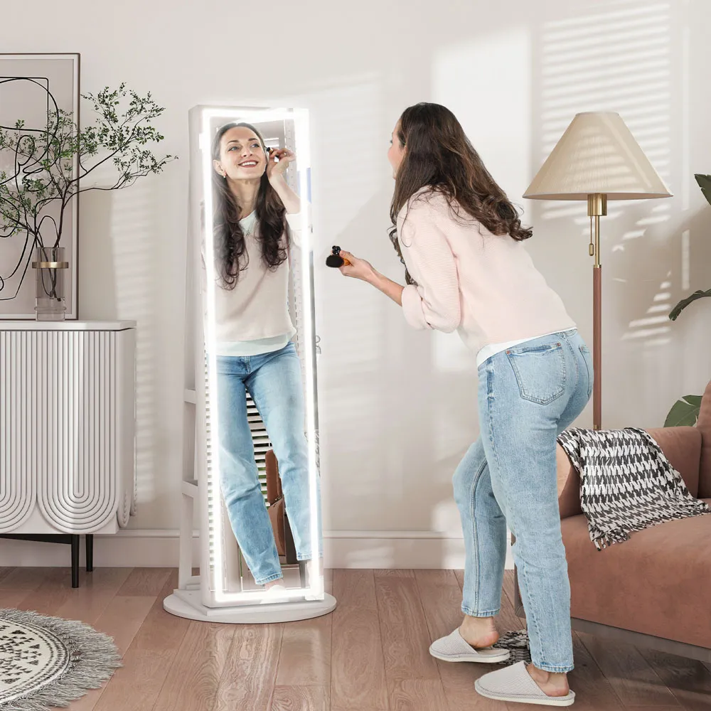 Full Length Mirror 360° Swivel Jewellery Cabinet - White