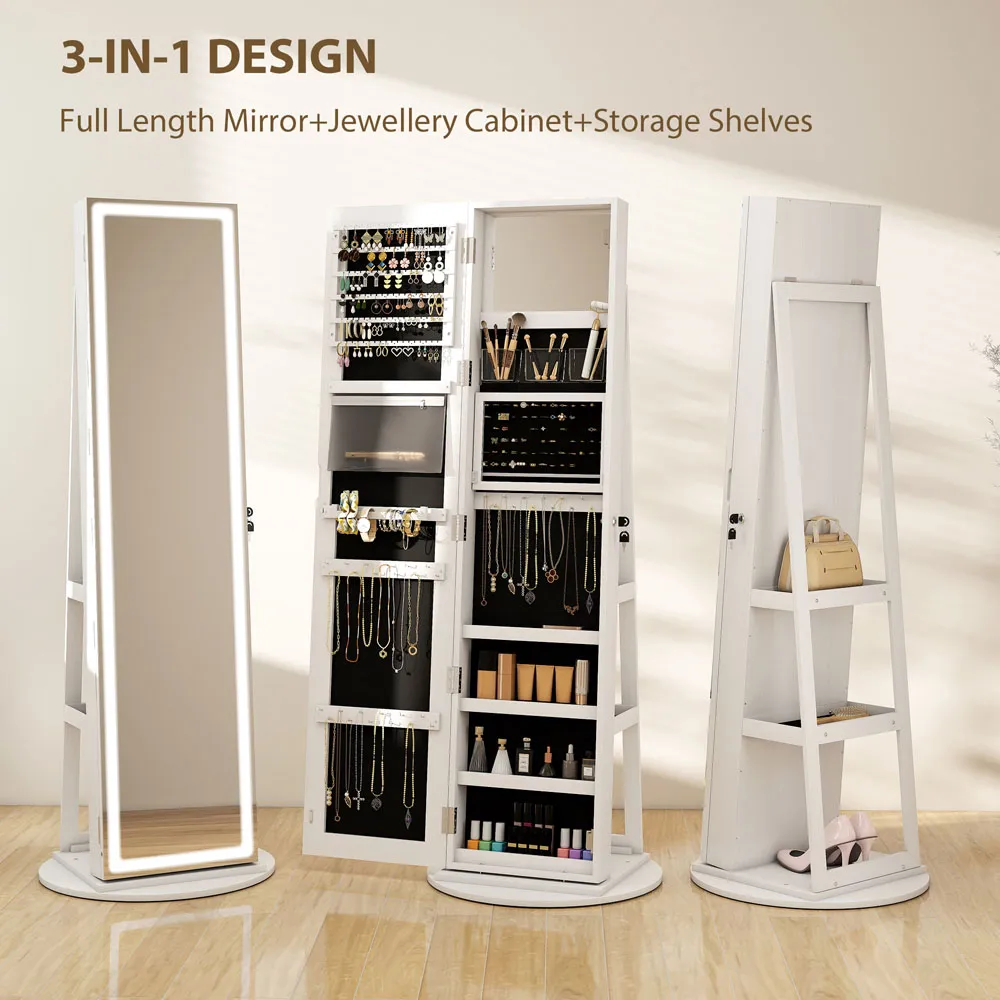 Full Length Mirror 360° Swivel Jewellery Cabinet - White