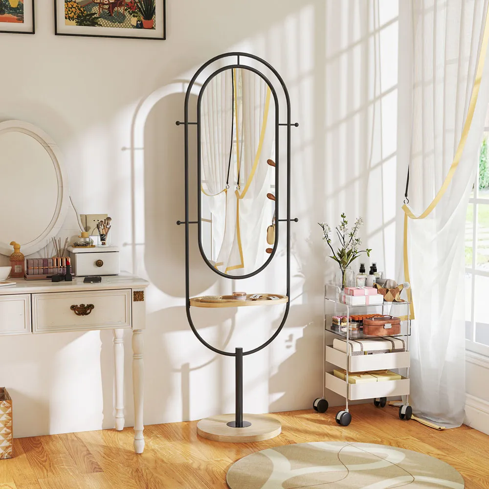 Full Length Standing Mirror with Tray and Hooks - Black