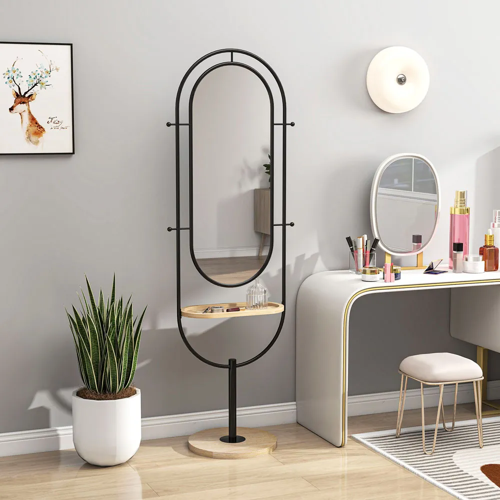 Full Length Standing Mirror with Tray and Hooks - Black