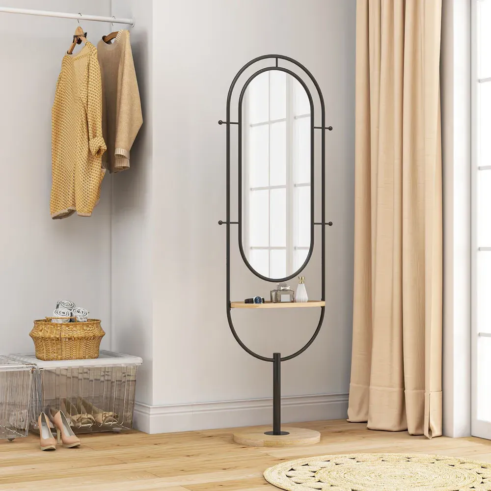 Full Length Standing Mirror with Tray and Hooks - Black