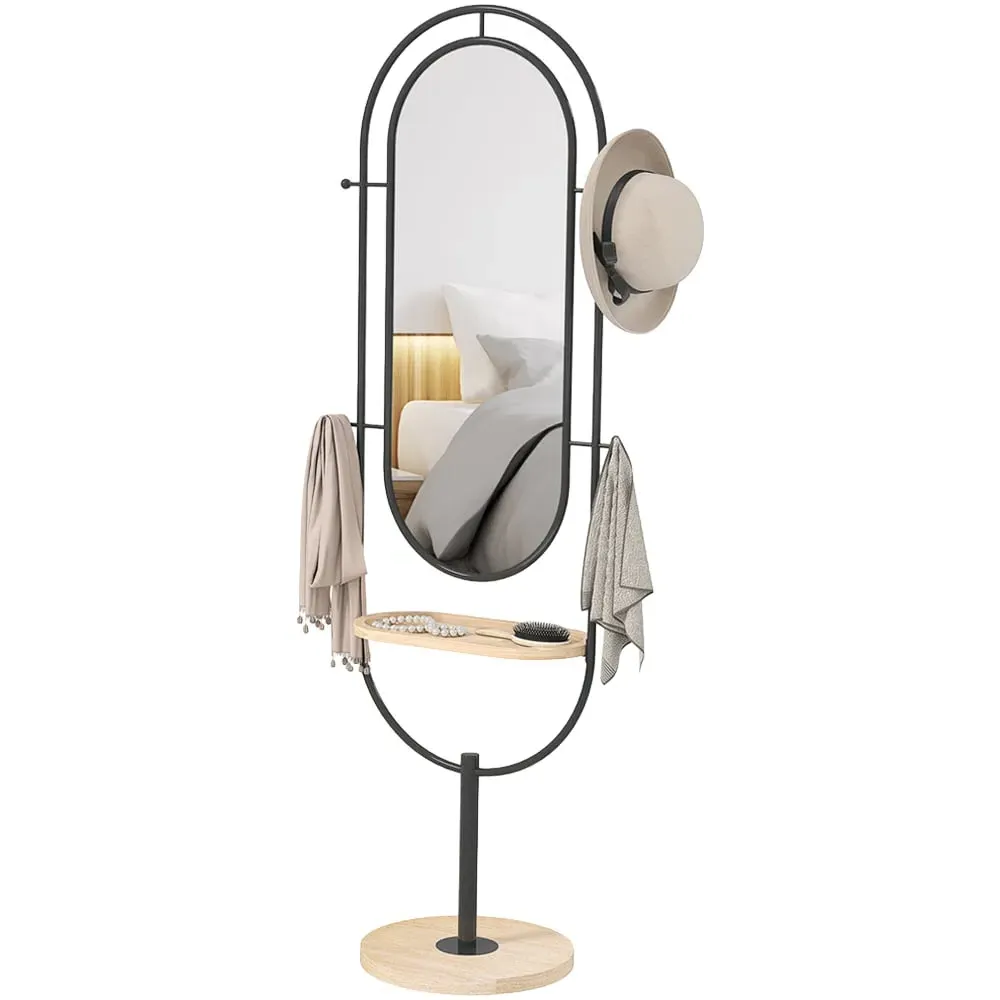 Full Length Standing Mirror with Tray and Hooks - Black image