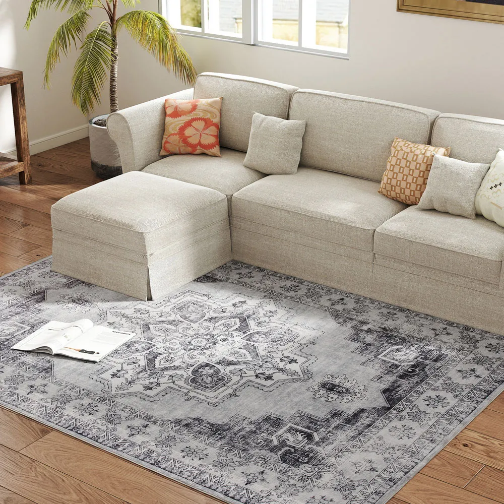 Grey Floral Flannel Non Slip Rug - Grey, Flannel