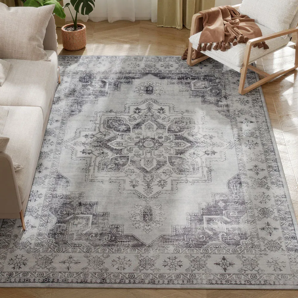 Grey Floral Flannel Non Slip Rug - Grey, Flannel