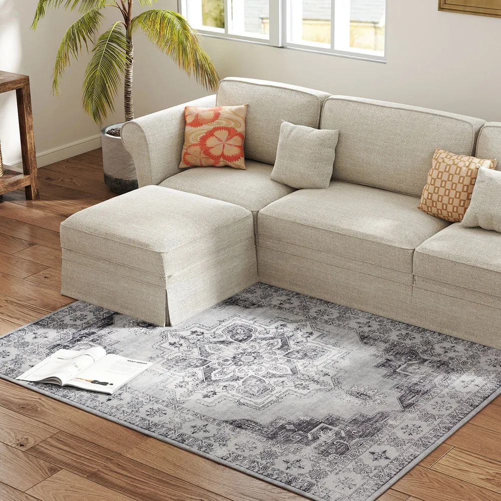 Grey Floral Flannel Non Slip Rug - Grey, Flannel