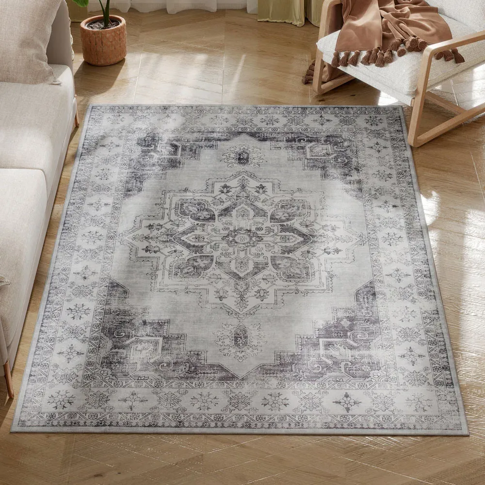 Grey Floral Flannel Non Slip Rug - Grey, Flannel