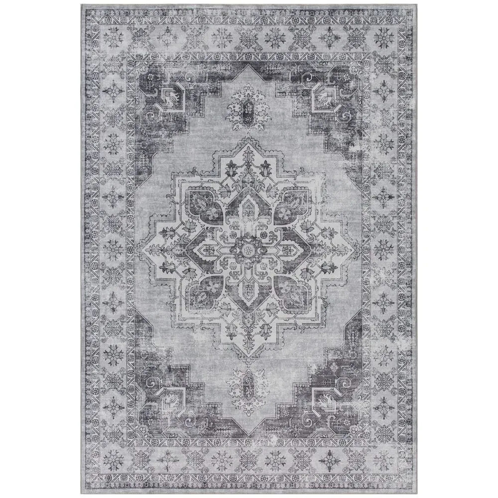 Grey Floral Flannel Non Slip Rug - Grey, Flannel